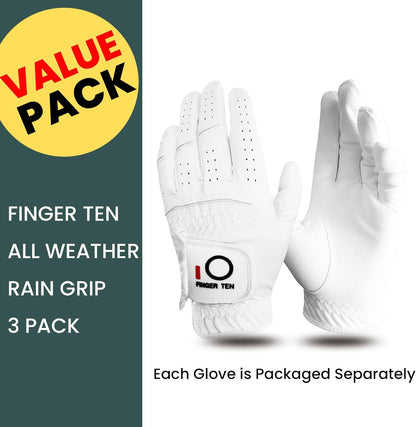 All Weather Grip Golf Gloves Men Value 3 Pack for Right Handed Golfer, Hot Wet Rain Grip & Comfort Soft Glove for Premium Performance, Colors White Black Blue Sizes S M L XL