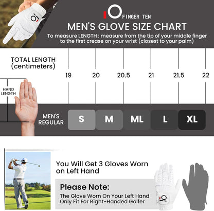 All Weather Grip Golf Gloves Men Value 3 Pack for Right Handed Golfer, Hot Wet Rain Grip & Comfort Soft Glove for Premium Performance, Colors White Black Blue Sizes S M L XL
