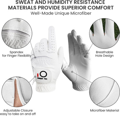 All Weather Grip Golf Gloves Men Value 3 Pack for Right Handed Golfer, Hot Wet Rain Grip & Comfort Soft Glove for Premium Performance, Colors White Black Blue Sizes S M L XL