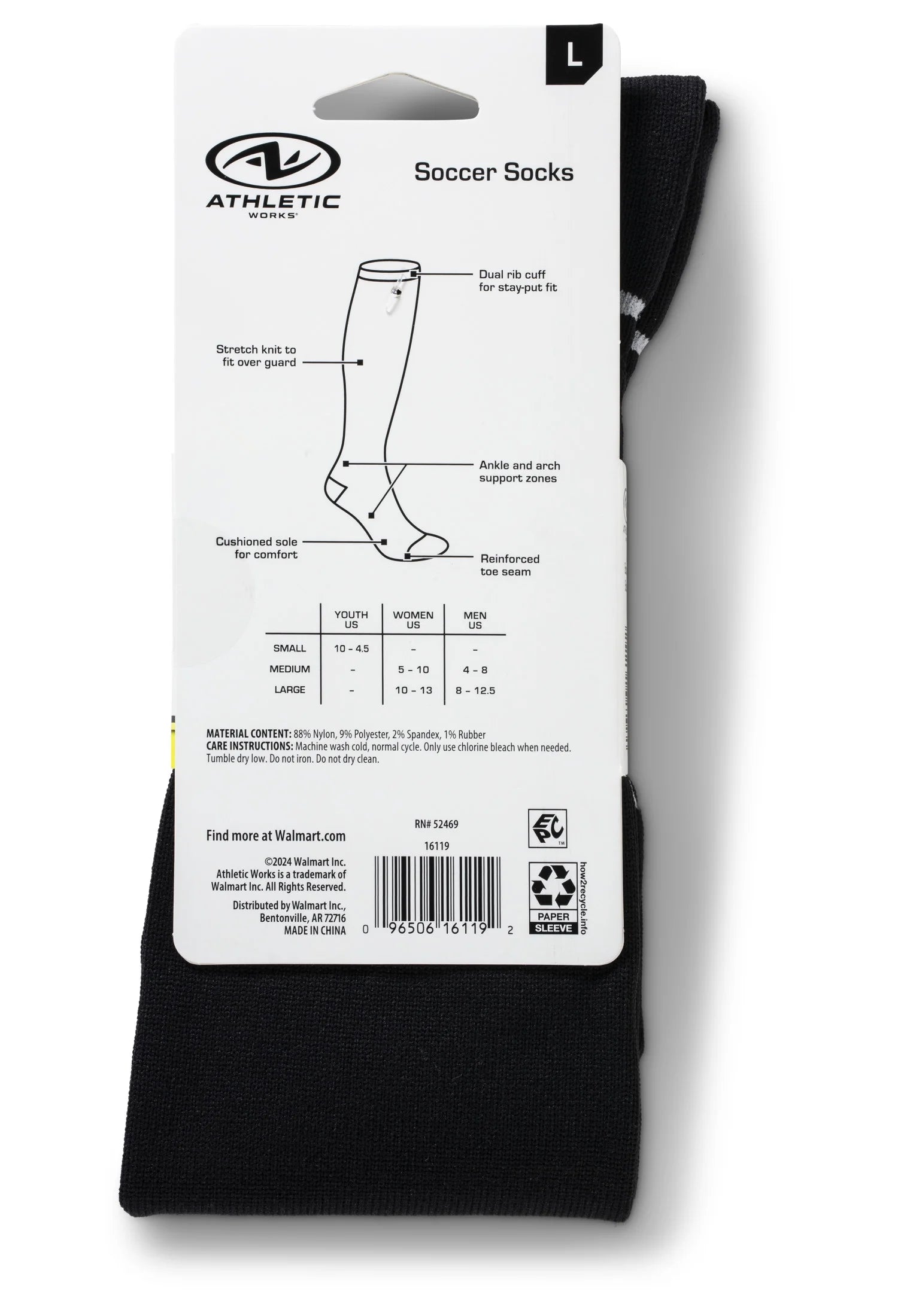 (2 Pack) Athletics Works Soccer Socks, Black Unisex Large, Men'S 8-12.5, 1 Pair