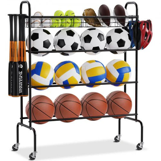Basketball Rack, 4-Layers Rolling Basketball Shooting Training Stand, Sports Equipment Storage Organizer with Wheels, Hooks and Baskets, Garage Ball Storage Holder for Football Soccer Volleyball
